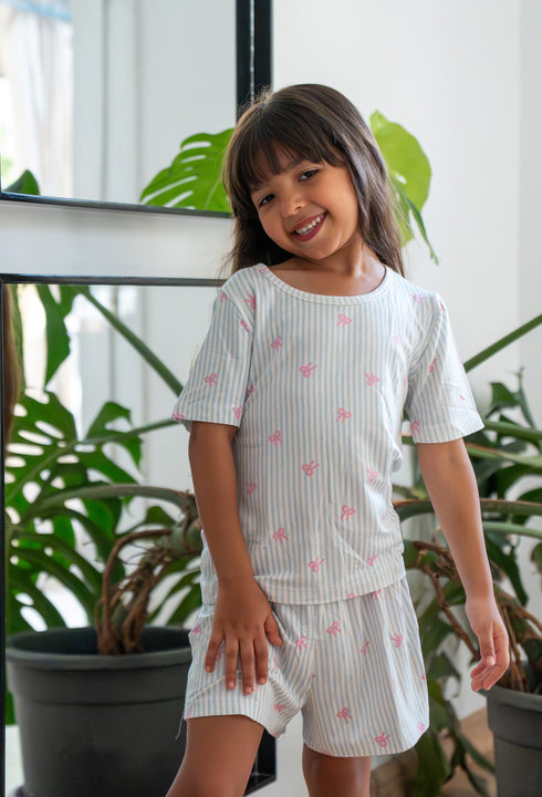 Girls summer pajama set Light Blue Ribbons t-shirt + Shorts